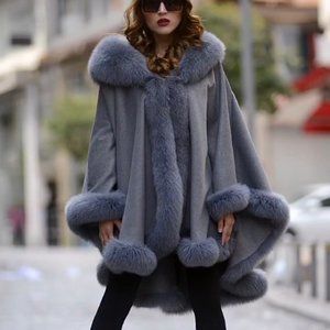 Gray stylish cashmere cape with Fox fur trimmed, Warm cape for women, Elegant ca